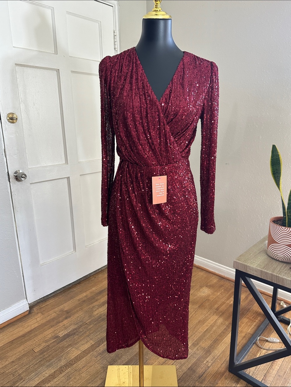 Ivy City Co Burgundy Sequin Long-Sleeve Wrap Dress